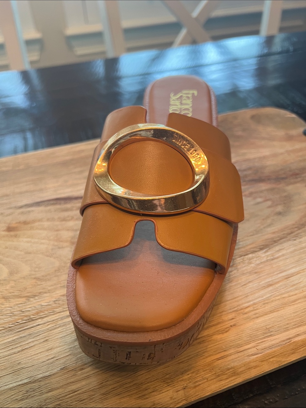 NWOT Franco Sarto Golden Tan/Cognac Leather Cork-Platform Slide with Gold Ring - Picture 5 of 7